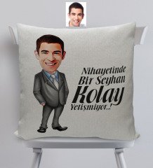 Kişiye Özel Bay Kolay Yetişmiyor Karikatürlü Dekoratif Keten Yastık - 1