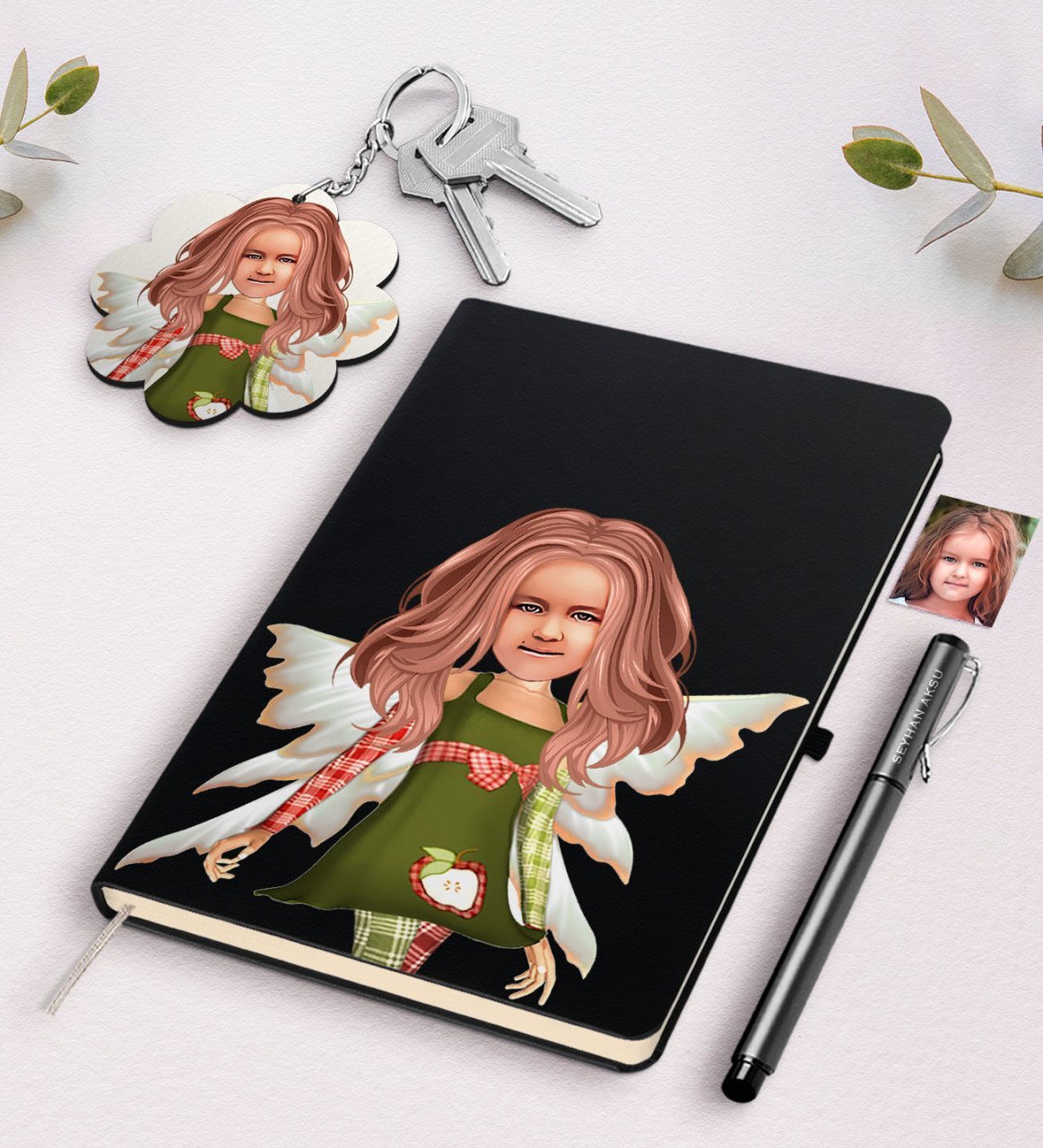 Kişiye Özel Kız Çocuk Peri Karikatürlü Siyah Defter Kalem Ve Anahtarlık Hediye Seti-1