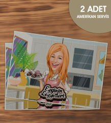 BK Gift Kişiye Özel Karikatürlü 2’li Keten Amerikan Servis Seti-2, Ev Hediyesi,Baskılı Servis Bezi, Mutfak Dekoru