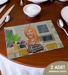 BK Gift Kişiye Özel Karikatürlü 2’li Keten Amerikan Servis Seti-2, Ev Hediyesi,Baskılı Servis Bezi, Mutfak Dekoru