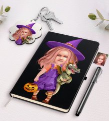 Kişiye Özel Küçük Cadı Karikatürlü Siyah Defter Kalem Ve Anahtarlık Hediye Seti-1