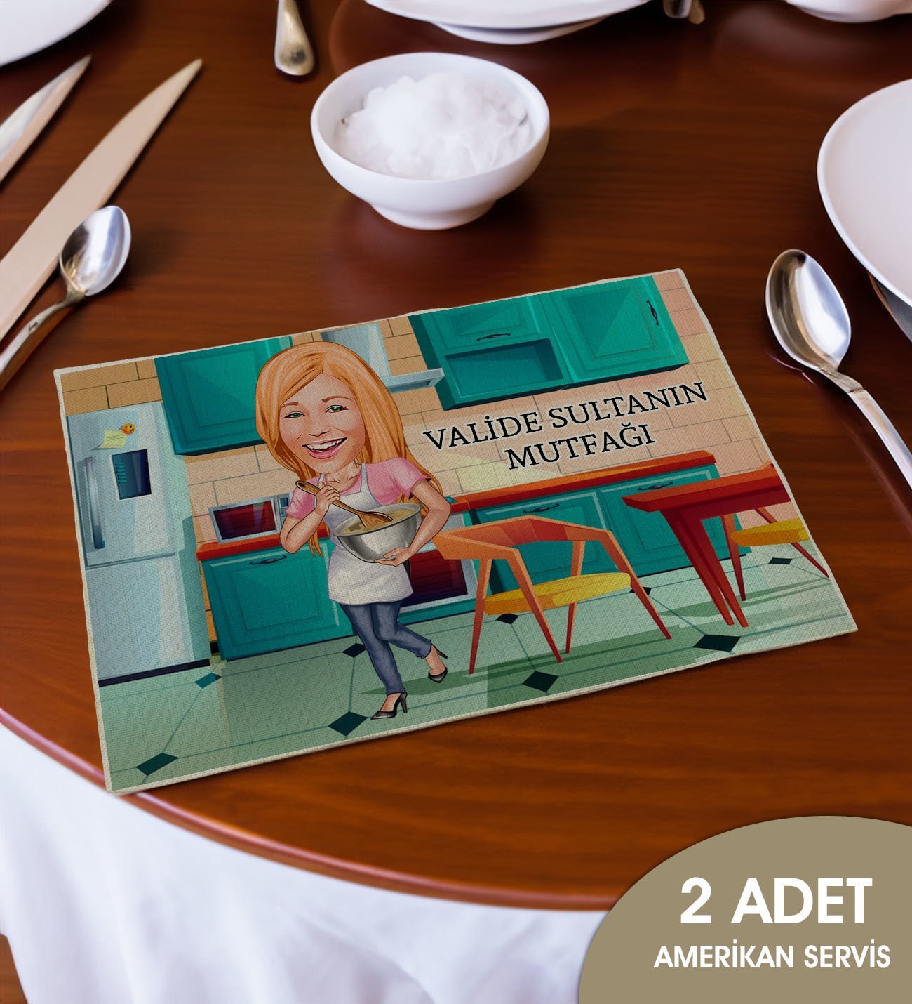 BK Gift Kişiye Özel Karikatürlü 2’li Keten Amerikan Servis Seti-3, Ev Hediyesi,Baskılı Servis Bezi, Mutfak Dekoru