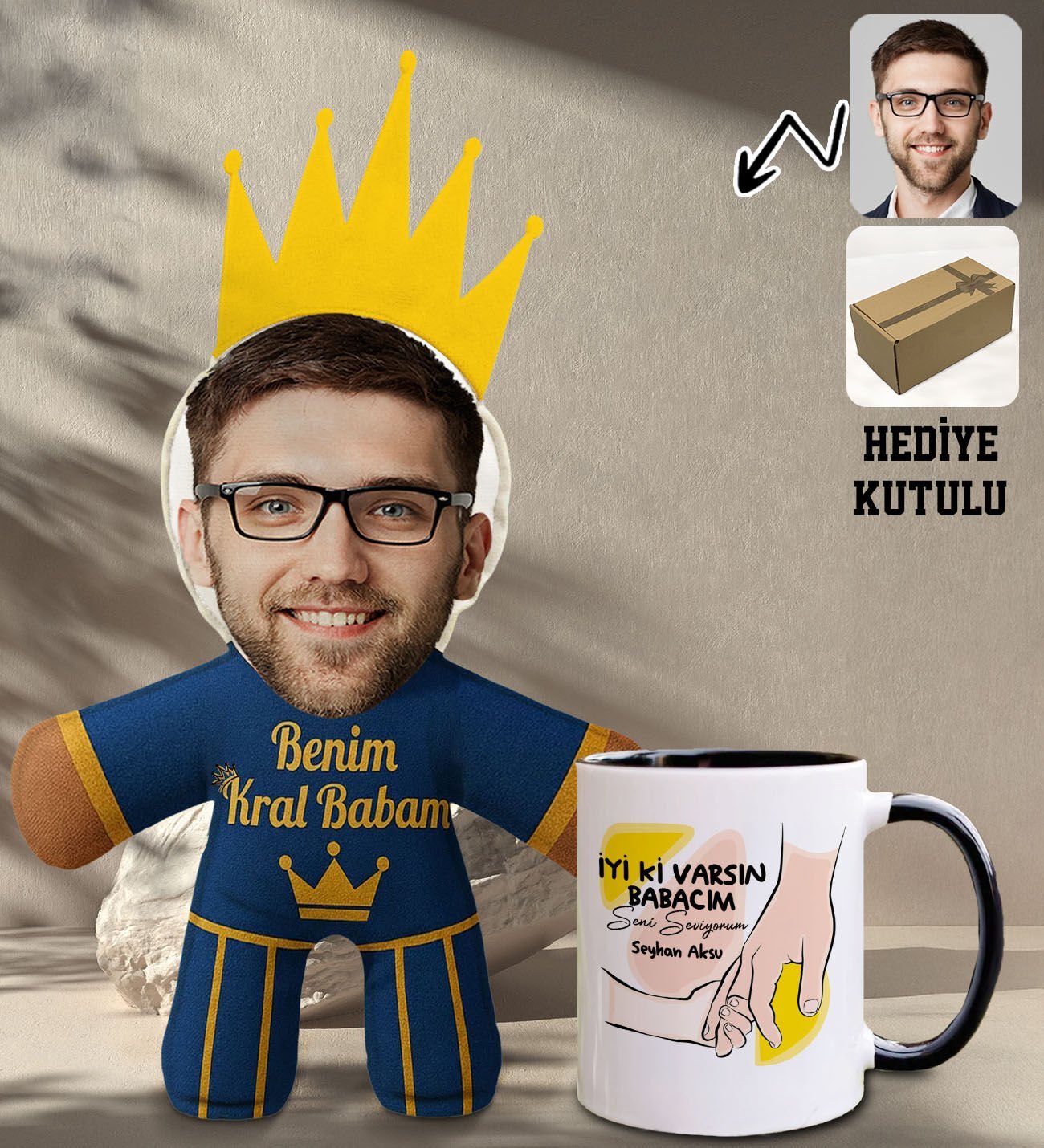 BK Gift Kişiye Özel Fotoğraflı Kral Babam Tasarımlı Bebek Yastık-2 & Siyah Kupa Bardak Hediye Seti-10, Babalar Günü Hediye, Babaya Hediye