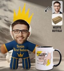 BK Gift Kişiye Özel Fotoğraflı Kral Babam Tasarımlı Bebek Yastık-2 & Siyah Kupa Bardak Hediye Seti-10, Babalar Günü Hediye, Babaya Hediye