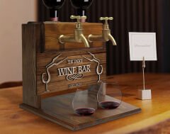 BK Gift Kişiye Özel Kabartma İsimli Çift Musluklu Doğal Ahşap Şarap Standı, İçki Standı, Doğum Günü Hediyesi, Ev Hediyesi, Erkek Hediye-4