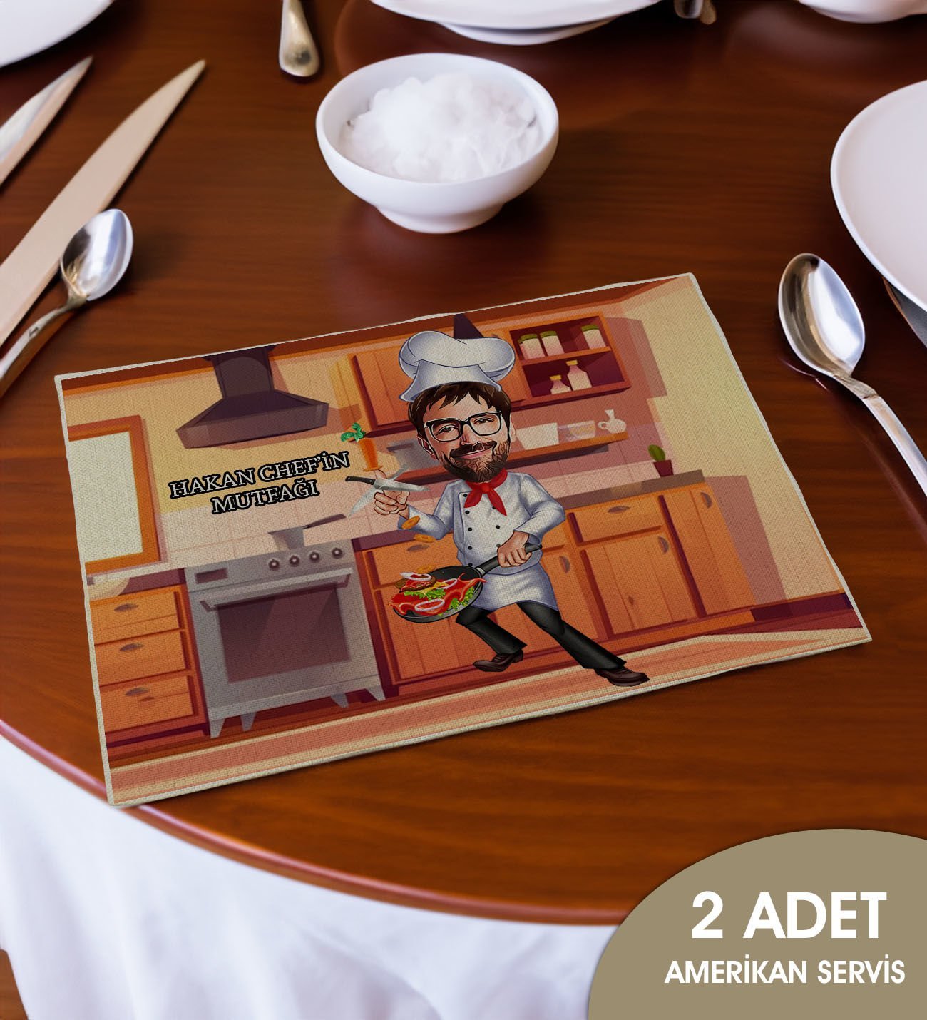 BK Gift Kişiye Özel Karikatürlü 2’li Keten Amerikan Servis Seti-4, Ev Hediyesi,Baskılı Servis Bezi, Mutfak Dekoru
