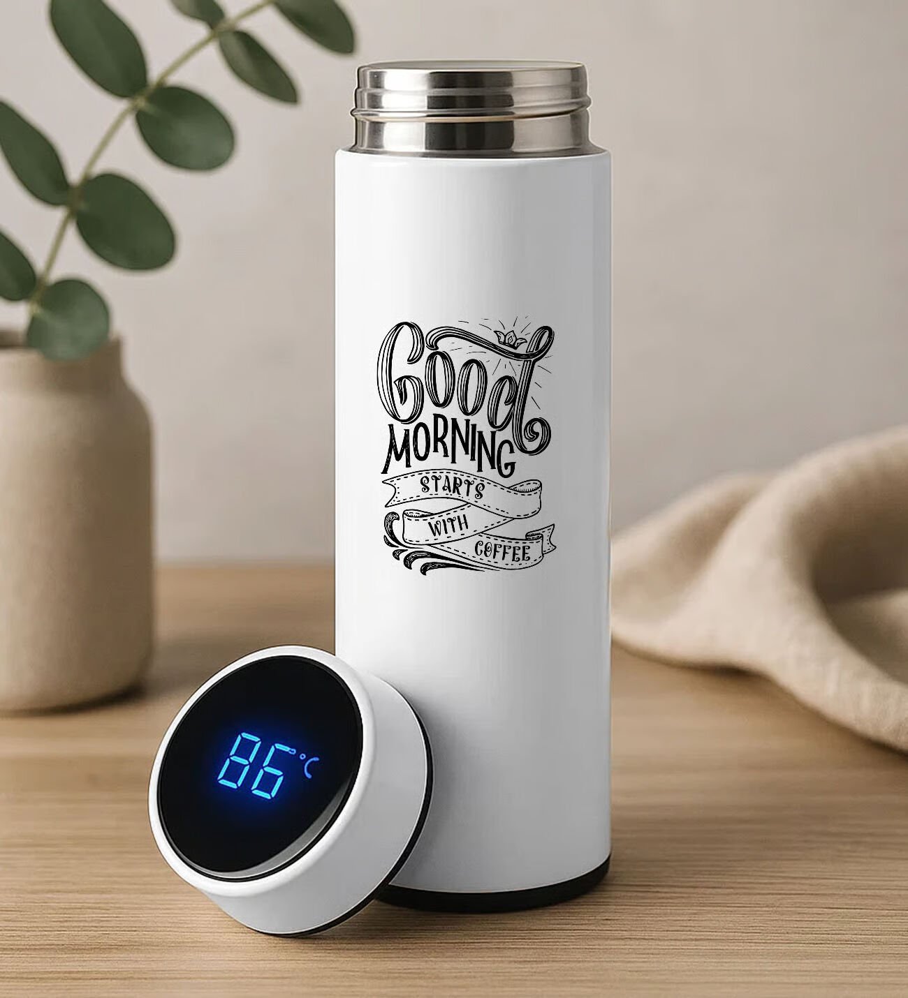 BK Gift Coffee Tasarımlı Filtreli Dijital Göstergeli Beyaz Çelik Termos-5, Arkadaşa Hediye, Sevgiliye Hediye, Yeni İş Hediyesi