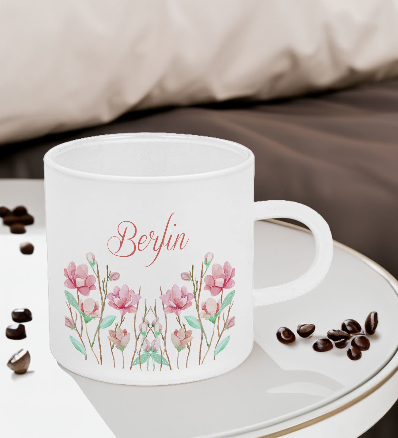 BK Gift Kişiye Özel İsimli Çiçek Tasarımlı Buzlu Cam Türk Kahvesi Fincanı-15, Sevgiliye Hediye, Arkadaşa Hediye, Anneye Hediye, Ofis Hediyesi