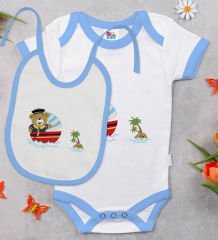 BK Kids Sevimli Kaptan Tasarımlı Mavi Bebek Body Zıbın ve Mama Önlüğü Hediye Seti-2