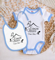BK Kids Kişiye Özel Evimizin Neşesi Tasarımlı Mavi Bebek Body Zıbın ve Mama Önlüğü Hediye Seti