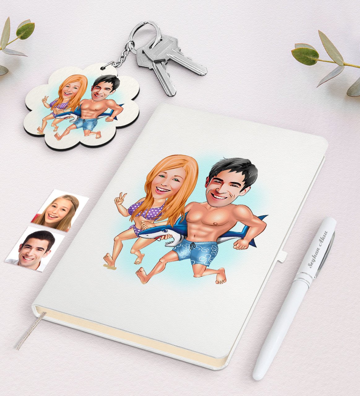 Kişiye Özel Sevgili Karikatürlü Beyaz Defter Kalem ve Anahtarlık Hediye Seti-8