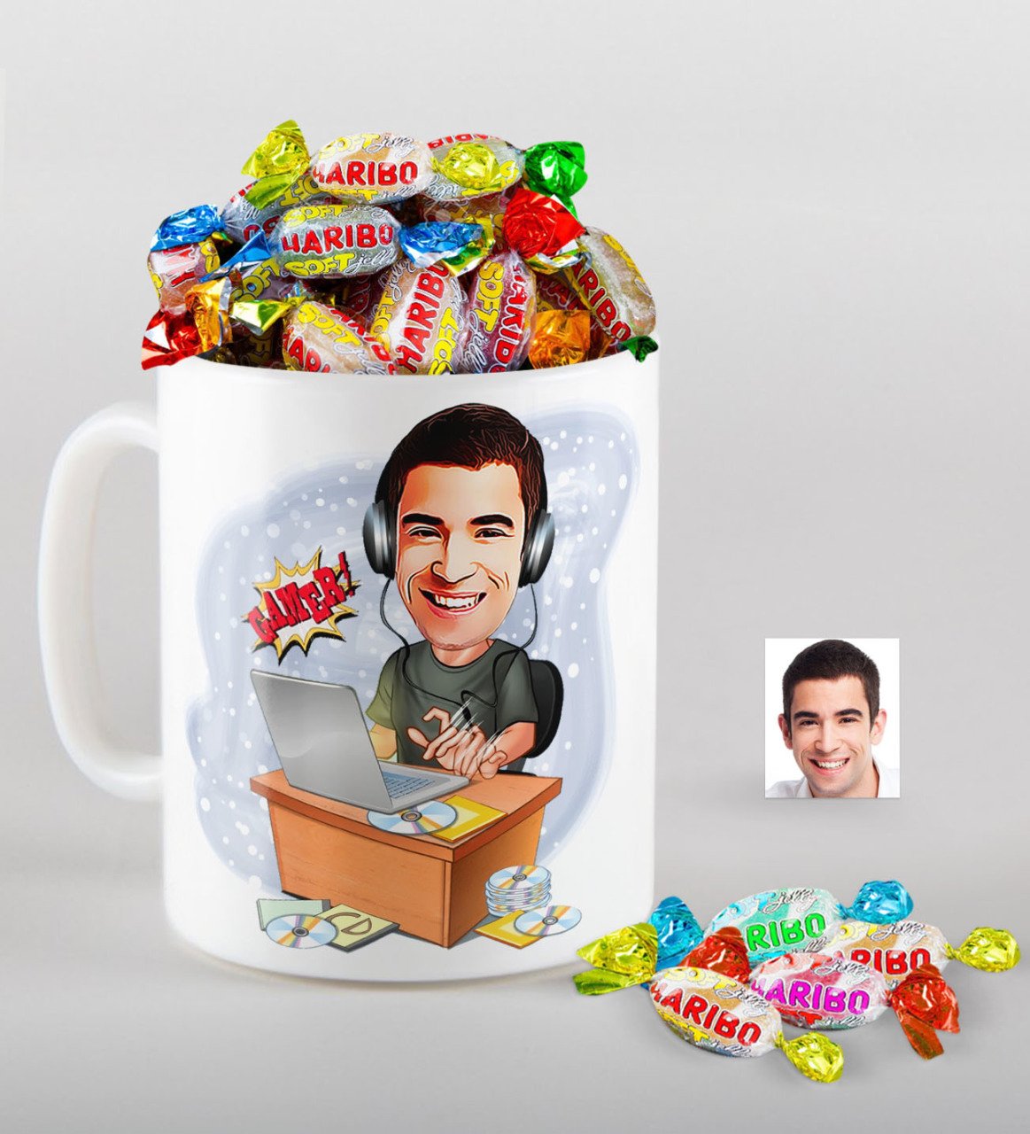 Kişiye Özel Bay Gamer Karikatürlü Kupa ve Haribo Fruitbons Şeker Hediye Seti-1