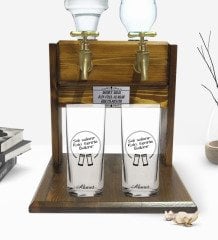 Kişiye Özel Renkli Baskılı Seninle Rakı Ballanır Tasarımlı İkili Rakı Bardağı ve Çift Musluklu Doğal Ahşap Rakı Standı-1