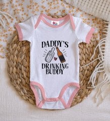 BK Kids Daddy Drinking Buddy Tasarımlı Pembe Bebek Body Zıbın-1