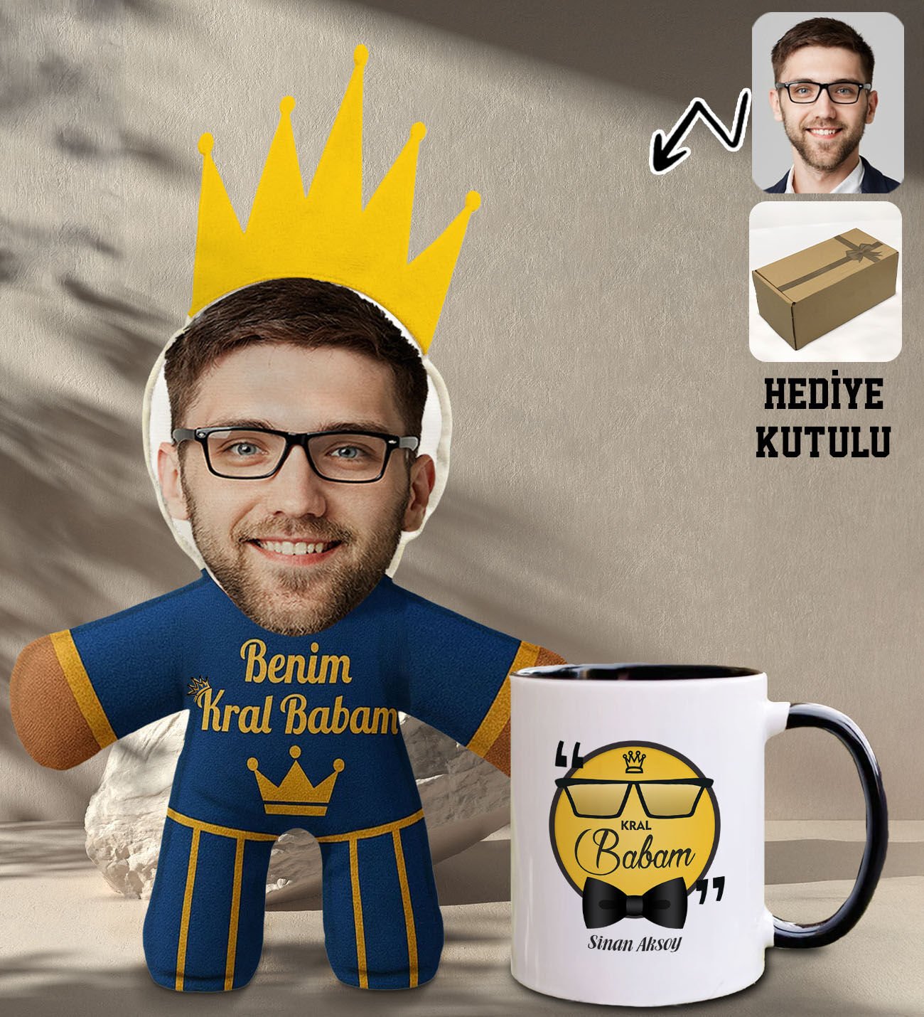 BK Gift Kişiye Özel Fotoğraflı Kral Babam Tasarımlı Bebek Yastık-2 & Siyah Kupa Bardak Hediye Seti-14, Babalar Günü Hediye, Babaya Hediye