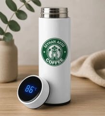 BK Gift Kişiye Özel İsimli Coffee Tasarımlı Filtreli Dijital Göstergeli Beyaz Çelik Termos-8, Arkadaşa Hediye, Sevgiliye Hediye, Yeni İş Hediyesi