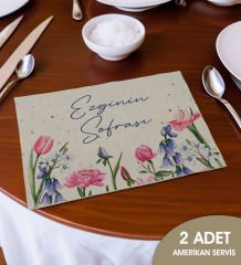 BK Gift Kişiye Özel Çiçek Tasarımlı 2’li Keten Amerikan Servis Seti-2, Ev Hediyesi,Baskılı Servis Bezi, Mutfak Dekoru