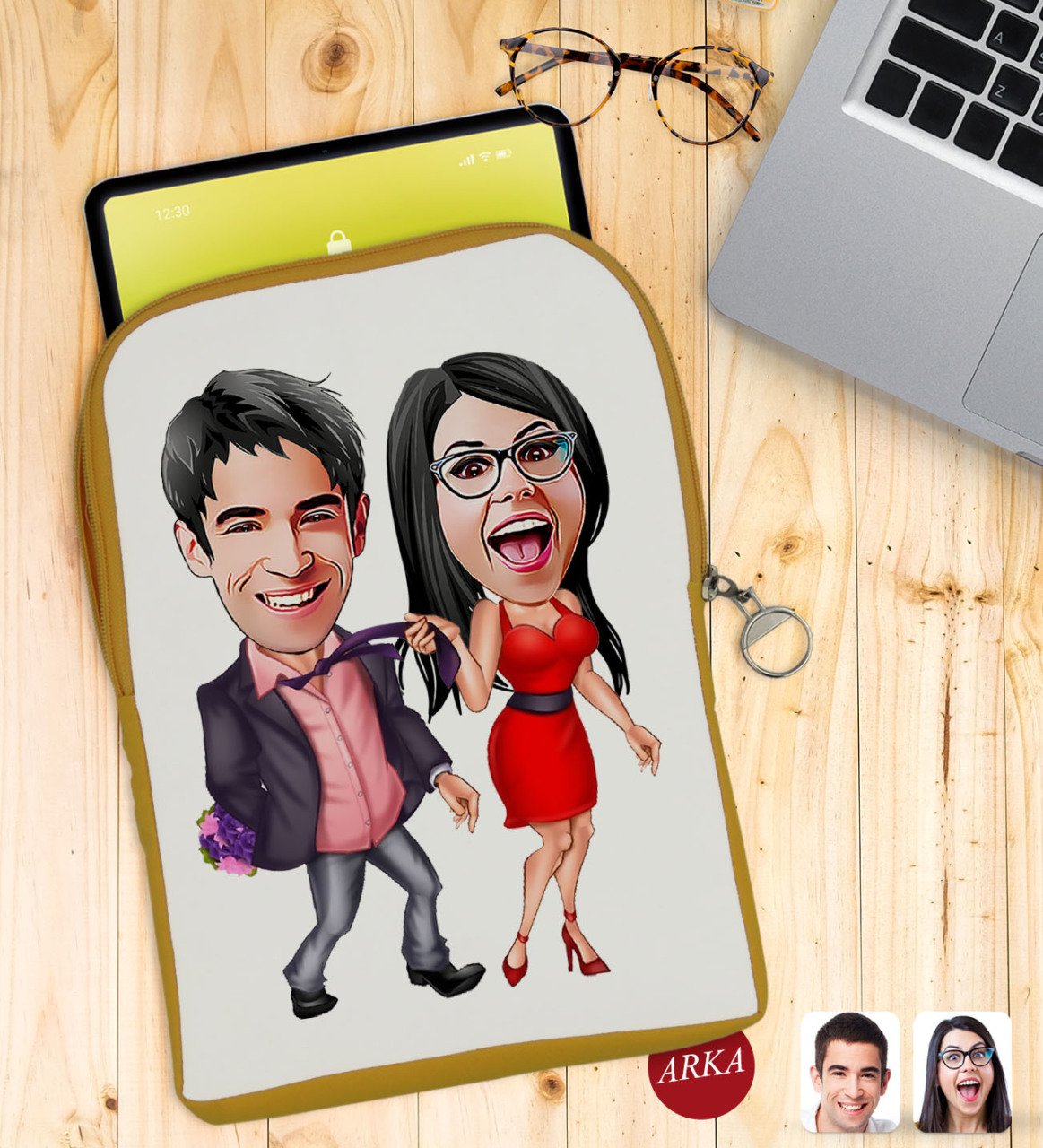 Kişiye Özel Sevgililer Karikatürlü Taşınabilir Koruyucu Tablet Kılıfı & Organizer Çanta - Sarı-4