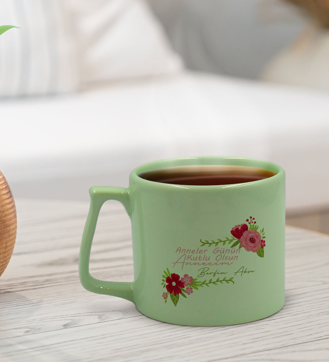 BK Gift Kişiye Özel İsimli Anneler Günü Tasarımlı Pastel Yeşil Middle Kupa Bardak, Anneye Hediye, Anneler Günü Hediyesi-6