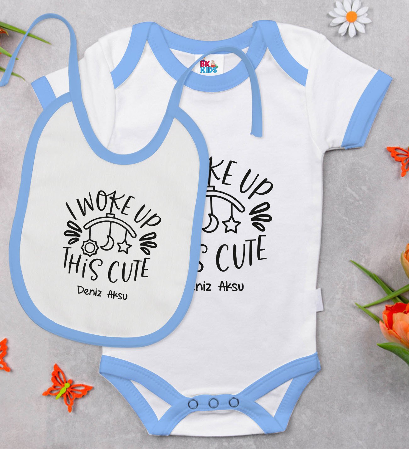 BK Kids Kişiye Özel This Cute Tasarımlı Mavi Bebek Body Zıbın ve Mama Önlüğü Hediye Seti-1