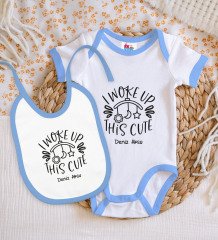 BK Kids Kişiye Özel This Cute Tasarımlı Mavi Bebek Body Zıbın ve Mama Önlüğü Hediye Seti-1