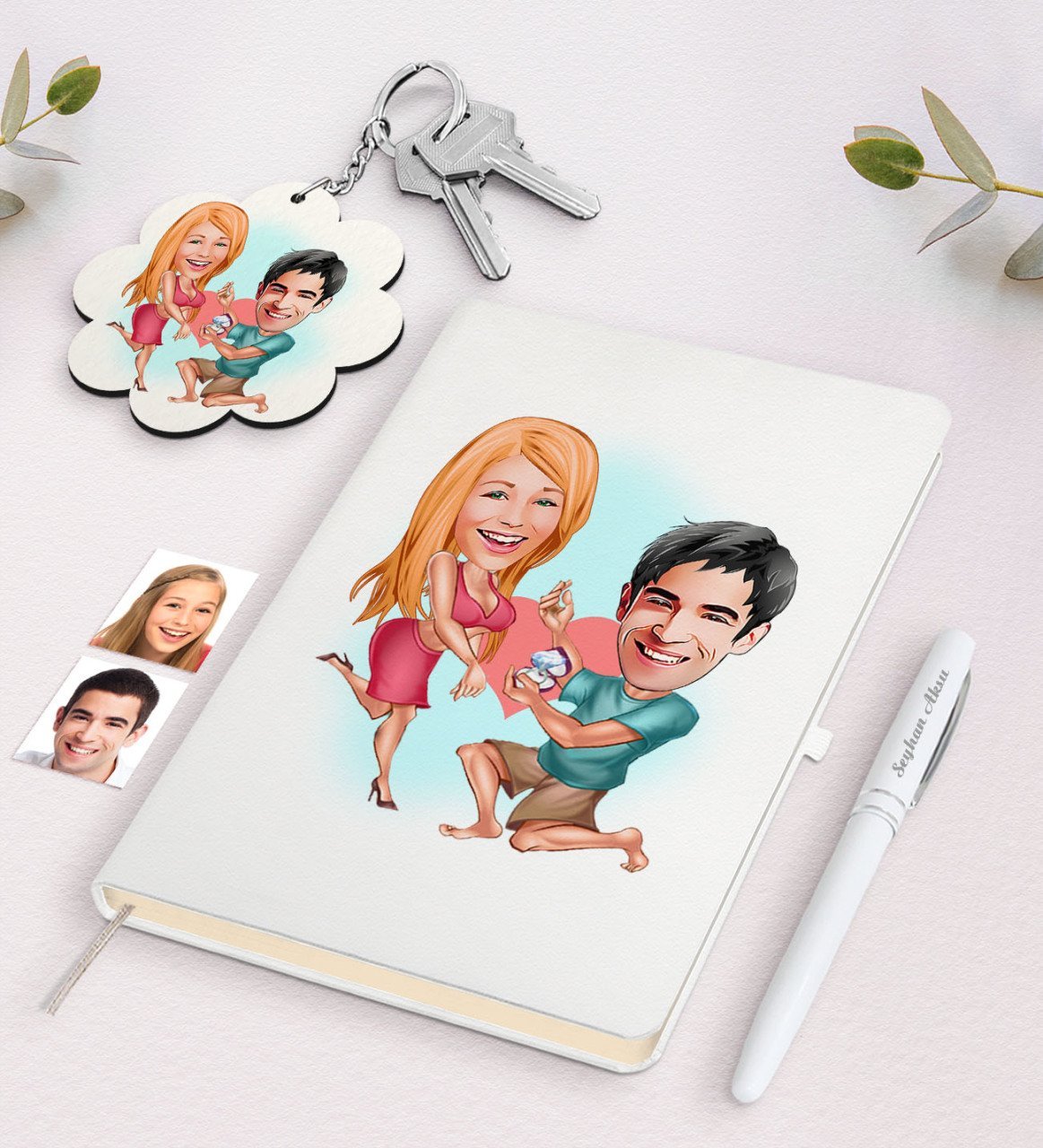 Kişiye Özel Sevgili Karikatürlü Beyaz Defter Kalem ve Anahtarlık Hediye Seti-19