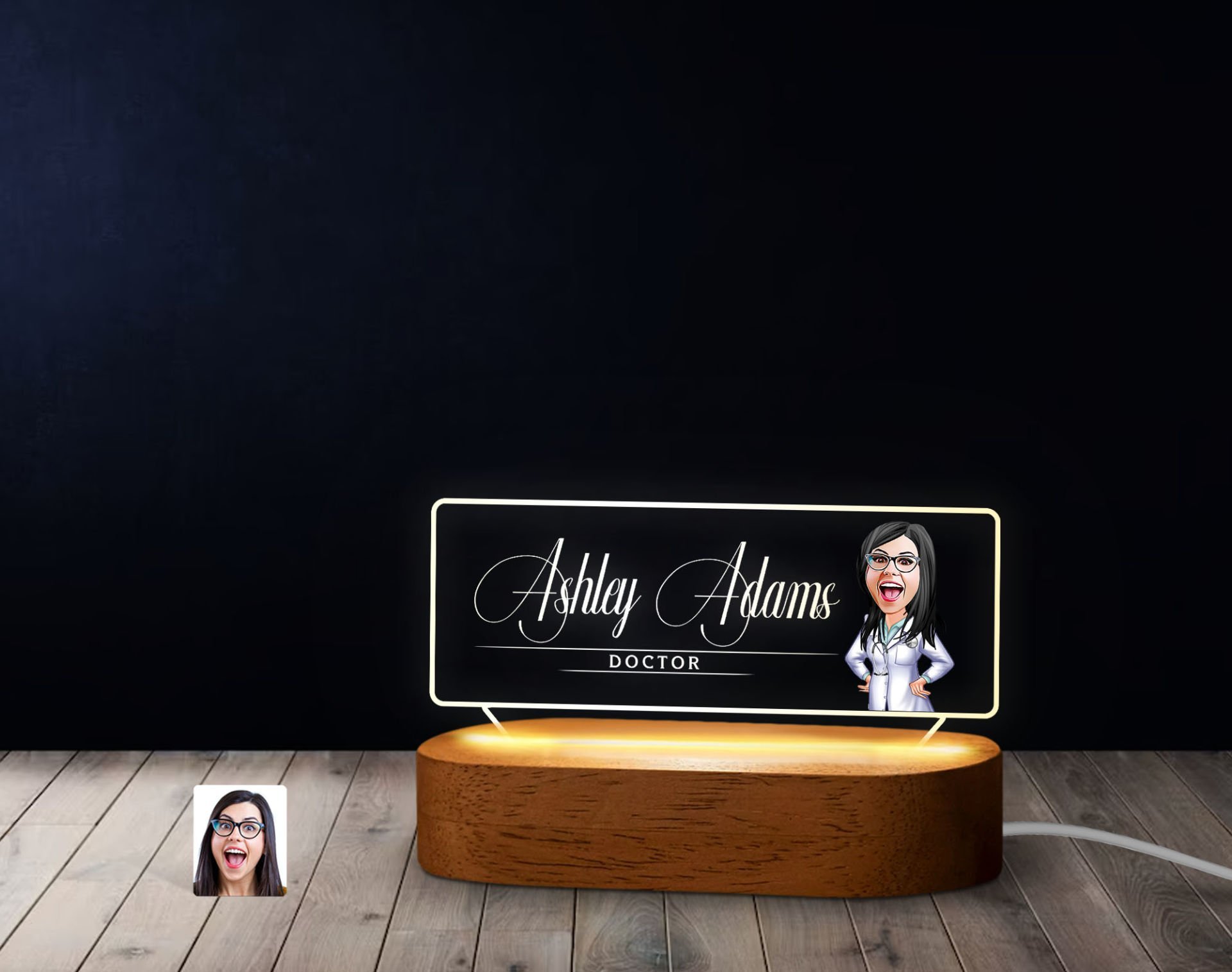 BK Gift Kişiye Özel İsimli Doktor Karikatürlü Led Işıklı Akrilik Masa İsimliği-5, Ofis Dekoru, Mesleki Hediye, Ofis Hediyeleri