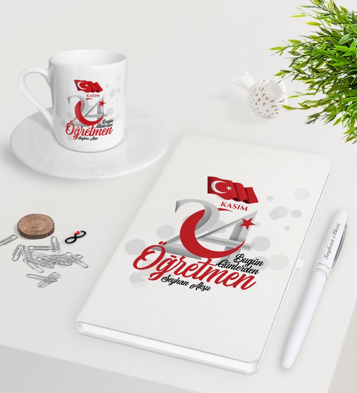 Kişiye Özel Bugün Günlerden Öğretmen Beyaz Defter Kalem Türk Kahvesi Fincanı Seti-2