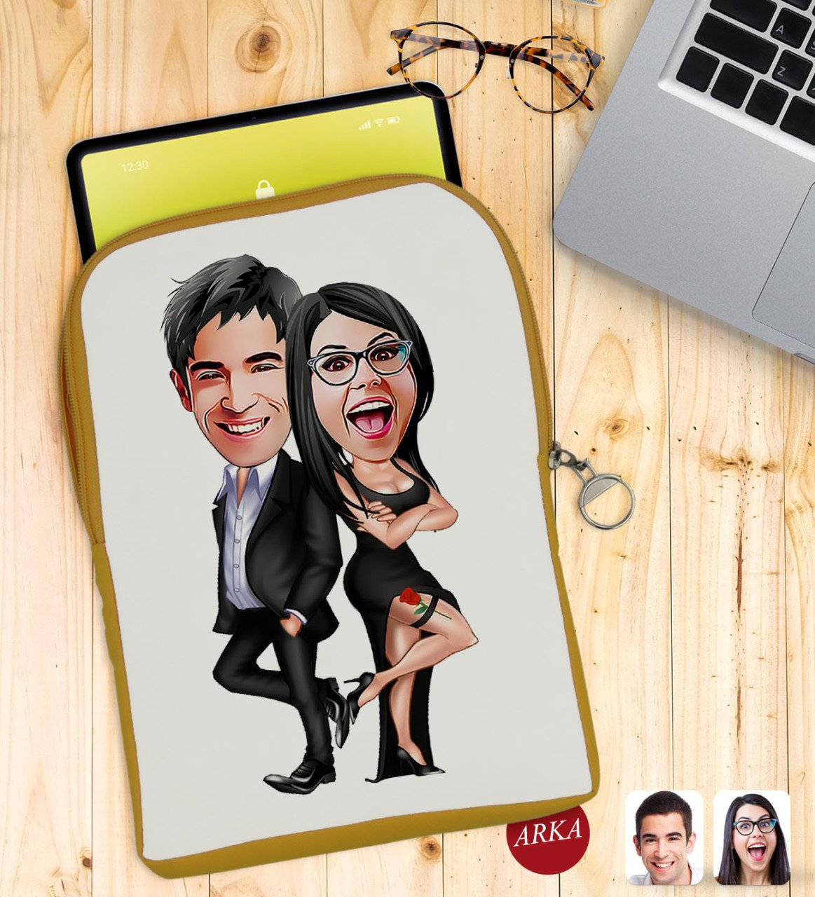 Kişiye Özel Sevgililer Karikatürlü Taşınabilir Koruyucu Tablet Kılıfı & Organizer Çanta - Sarı-6