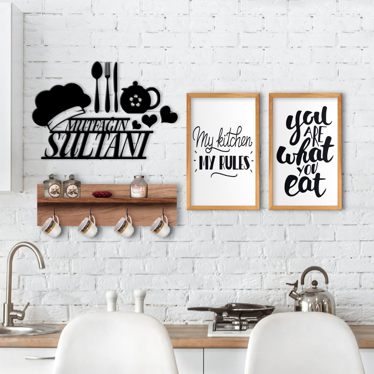 BK Home Doğal Ahşap Raflı Dekoratif Fincan Askılığı Mutfak Konseptli 2’li Ahşap Tablo ve Duvar Süsü-8