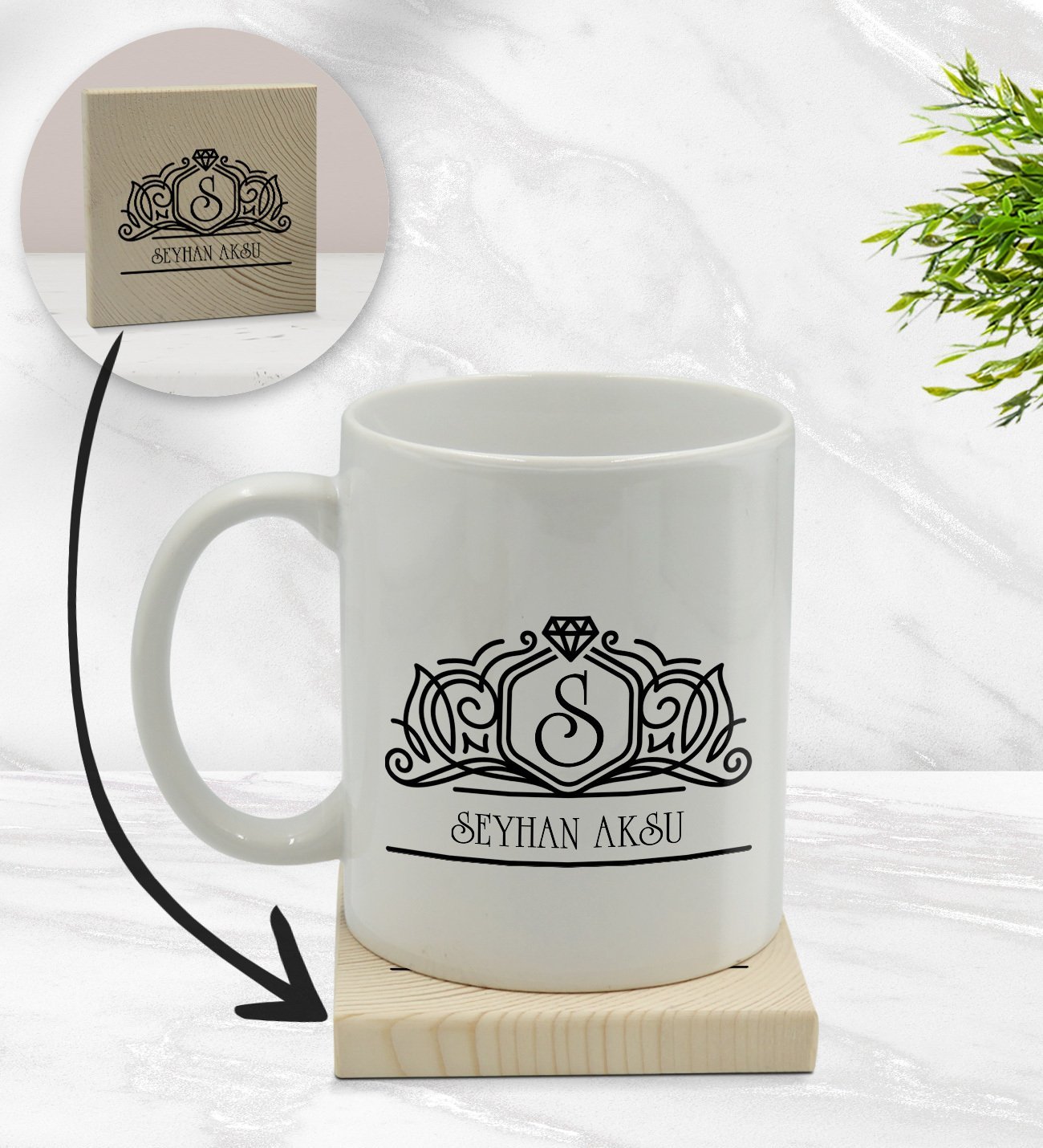 BK Gift Kişiye Özel İsimli Beyaz Kupa Bardak ve Ahşap Bardak Altlığı Hediye Seti - Model 13