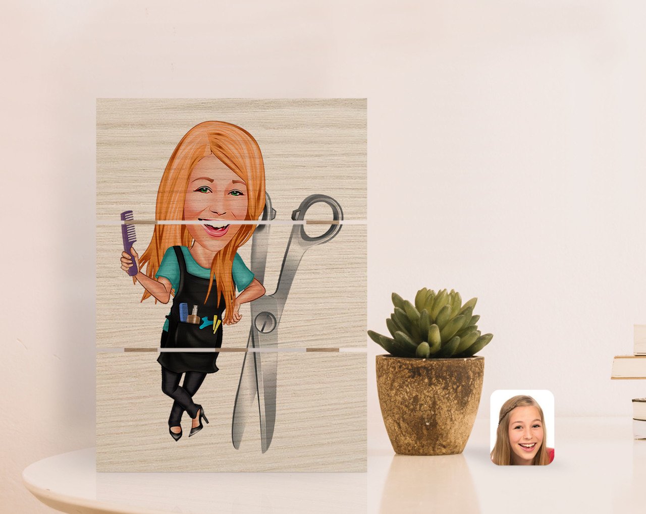 Kişiye Özel Kadın Kuaför Karikatürlü Otantik Masaüstü Ahşap Palet Çerçeve-1