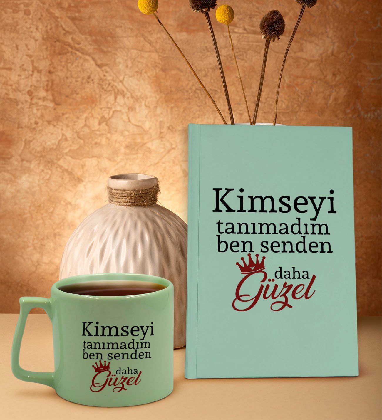 BK Gift Kimseyi Görmedim Ben Tasarımlı Su Yeşili Sert Kapaklı Defter ve Middle Kupa Seti-4, Arkadaşa Hediye, Yeni İş Hediyesi, Doğum Günü Hediyesi