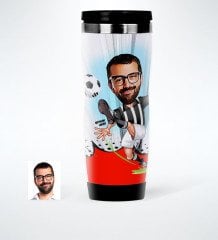Kişiye Özel Bay Futbolcu Siyah Beyaz Karikatürlü Çelik Termos Bardak - 1