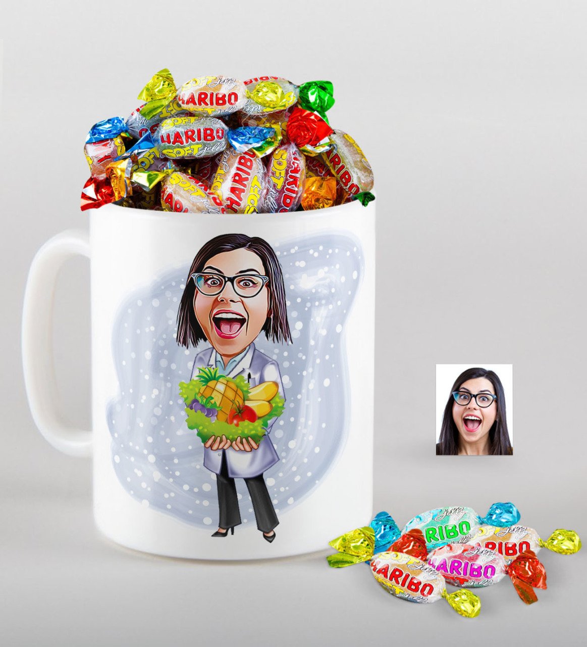 Kişiye Özel Bayan Diyetisyen Karikatürlü Kupa ve Haribo Fruitbons Şeker Hediye Seti-1