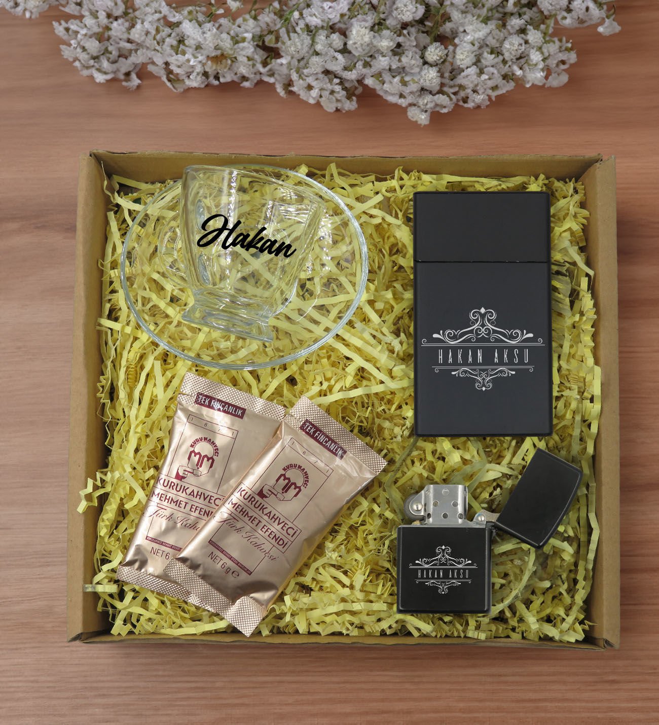 BK Gift Kişiye Özel İsimli DTF Cam Kahve Fincanı & Türk Kahvesi & Sigara Kutusu & Çakmak Hediye Seti-5, Sevgiliye Hediye, Arkadaşa Hediye, Doğum Günü Hediyesi