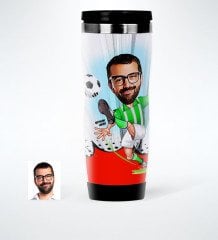Kişiye Özel Bay Futbolcu Yeşil Beyaz Karikatürlü Çelik Termos Bardak - 1
