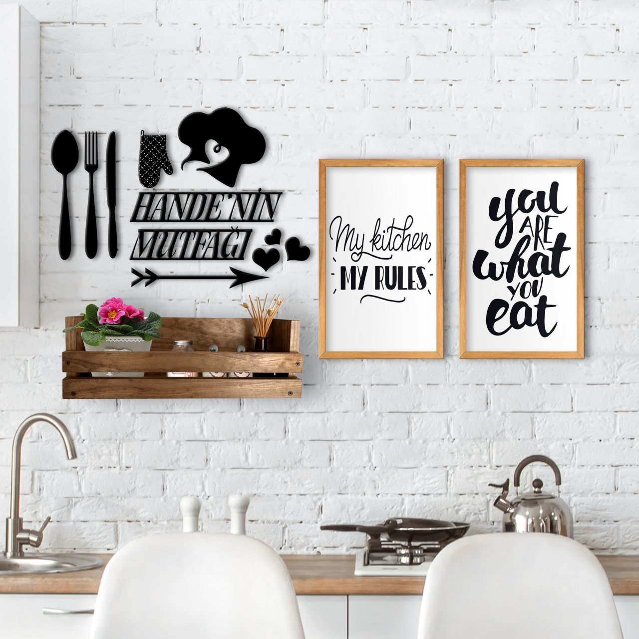 BK Home Dekoratif Doğal Ahşap Raf Mutfak Konseptli 2’li Ahşap Tablo ve İsme Özel Duvar Süsü-1