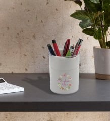 BK Gift Kişiye Özel Çiçek Tasarımlı Beyaz Akrilik Kalemlik - Model 4