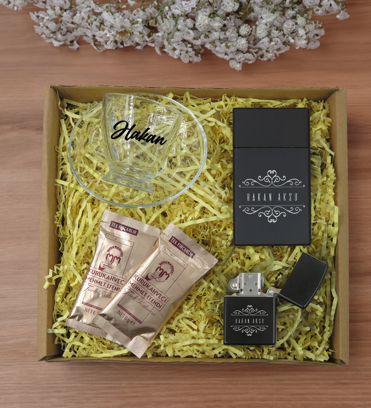 BK Gift Kişiye Özel İsimli DTF Cam Kahve Fincanı & Türk Kahvesi & Sigara Kutusu & Çakmak Hediye Seti-6, Sevgiliye Hediye, Arkadaşa Hediye, Doğum Günü Hediyesi