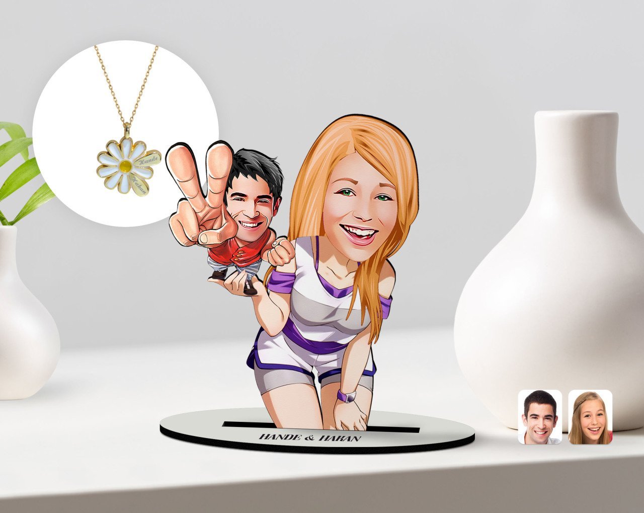 Kişiye Özel Sevgililer Karikatürlü 3D Ahşap Biblo ve Çift İsimli Papatya Kolye Seti-30