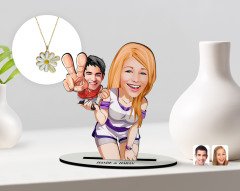 Kişiye Özel Sevgililer Karikatürlü 3D Ahşap Biblo ve Çift İsimli Papatya Kolye Seti-30
