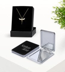 Zirkon Taşlı Gold Melek Kolye ve Siyah Dikdörtgen Ayna Set