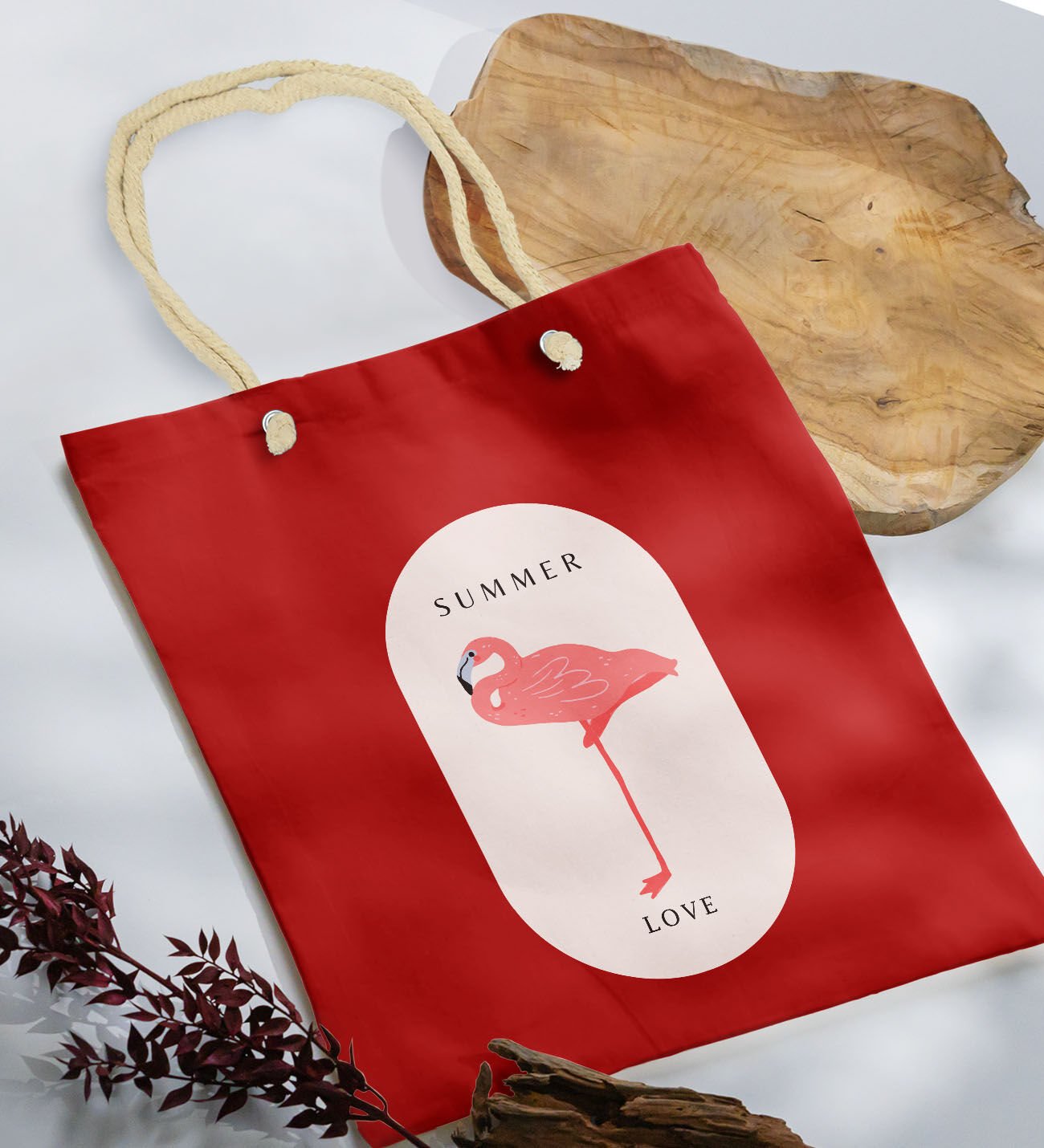 BK Gift Yaz Temalı Kırmızı Halat Saplı Kumaş Plaj Çantası -17, Baskılı Omuz Çantası, Alışveriş Çantası, Arkadaşa Hediye, Sevgiliye Hediye