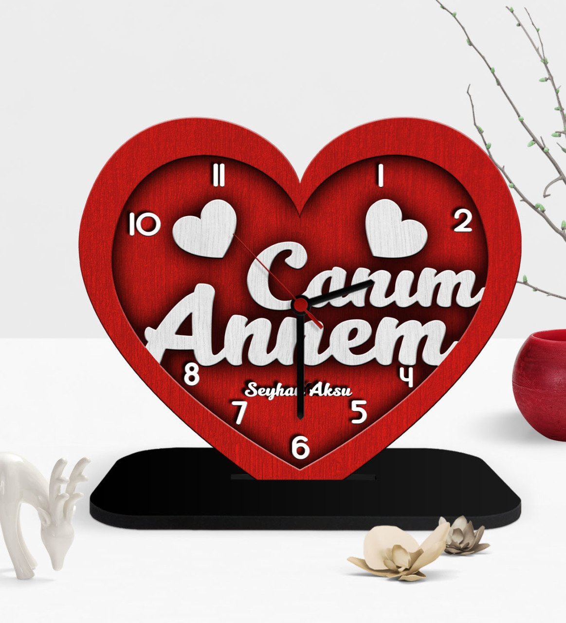 Kişiye Özel Dekoratif Canım Annem Kalp Ahşap Masaüstü Saat - 2