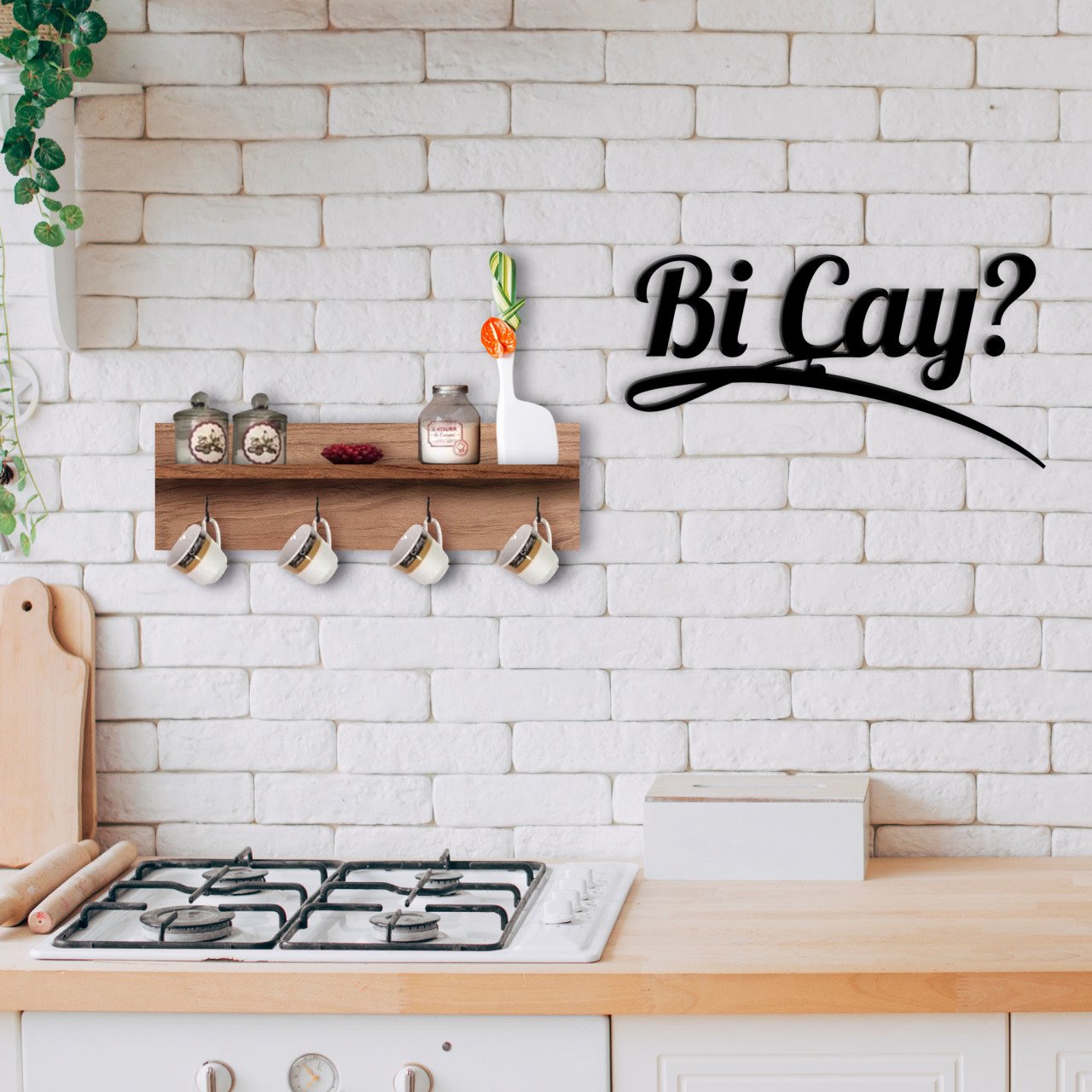 BK Home Doğal Ahşap Raflı Dekoratif Fincan Askılığı ve Bi Çay Duvar Süsü-5
