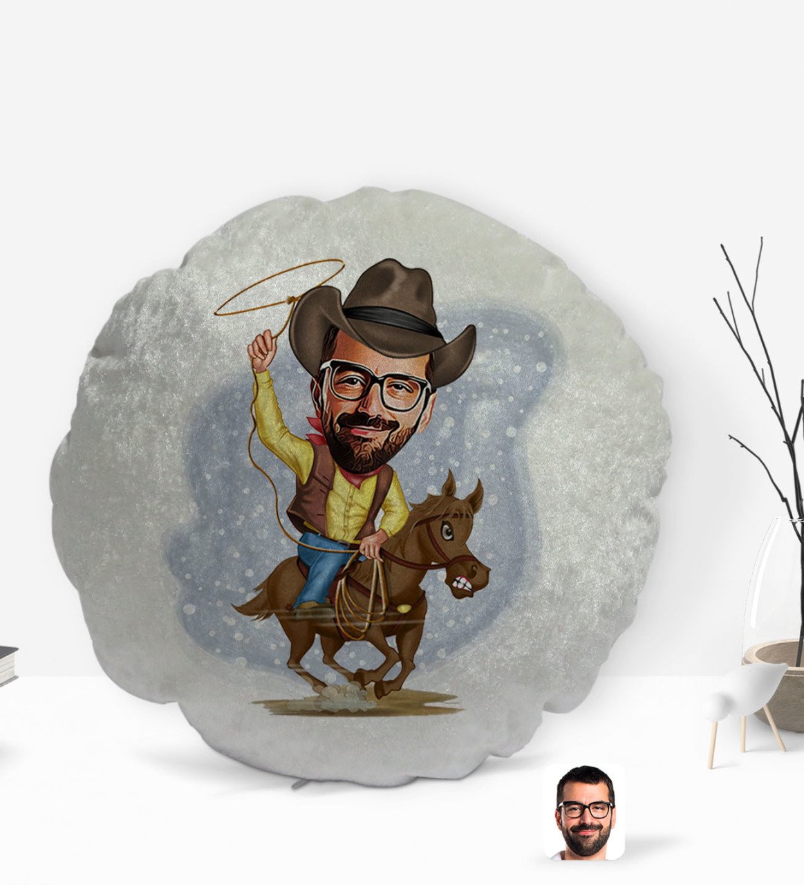 Kişiye Özel Kovboy Karikatürlü Yuvarlak Dekoratif Kırlent Yastık-2
