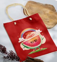 BK Gift Yaz Temalı Kırmızı Halat Saplı Kumaş Plaj Çantası -18, Baskılı Omuz Çantası, Alışveriş Çantası, Arkadaşa Hediye, Sevgiliye Hediye