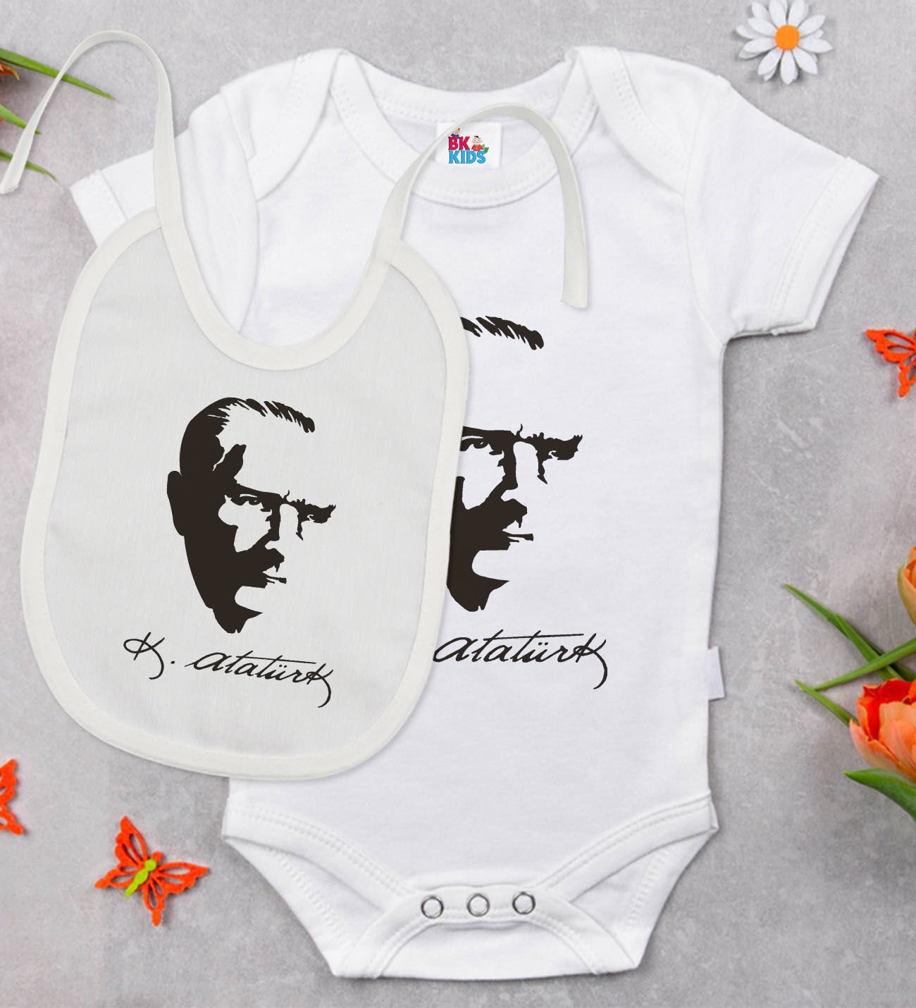 BK Kids Atatürk Temalı Beyaz Bebek Body Zıbın ve Mama Önlüğü Hediye Seti-23