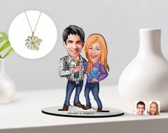 Kişiye Özel Sevgililer Karikatürlü 3D Ahşap Biblo ve Çift İsimli Papatya Kolye Seti-50